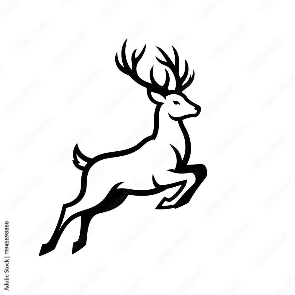 Fototapeta premium Jumping deer illustration on a white background with large antlers design
