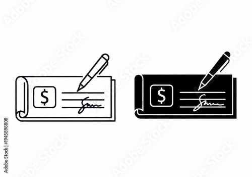 The illustration shows a graphic design of two checks with a pen signing on them.
