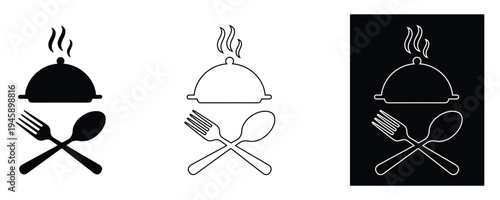 Food icons with cloche and utensils in black white and outline on various backgrounds