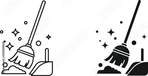 Cleaning broom and dustpan icon set, house cleaning tools, hygiene equipment, flat vector illustration, outline and solid style minimal design