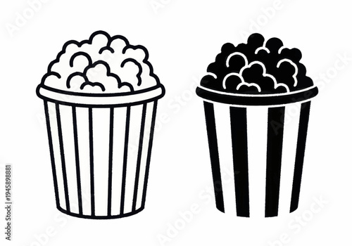 An illustration depicts two striped containers filled with popcorn and chocolate balls.