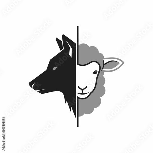 Graphic illustration of wolf and sheep halves with vertical dividing line