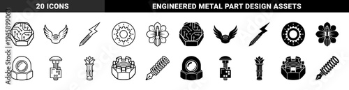 Hybrid hardware icons merging mechanical fasteners with industrial elements including winged nuts lightning bolt screws and circuit board bolt heads