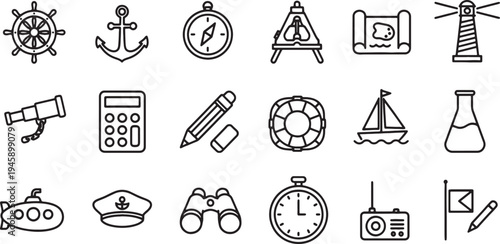 Black and white line icons for nautical and science themes
