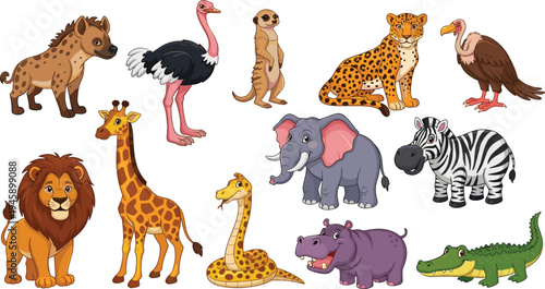 African safari animals collection lion giraffe elephant zebra ostrich hyena crocodile cartoon wildlife flat vector illustration set