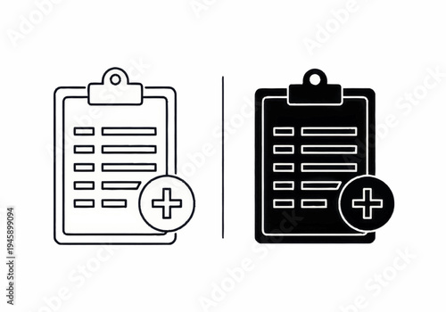 Medical clipboard icons with checklists and plus signs for editing