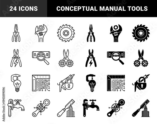 Hybrid Industrial Tool Symbols Merging Construction Hardware with Creative Concepts such as Lightbulb Clamps and Circuitry Squares in Minimalist Style