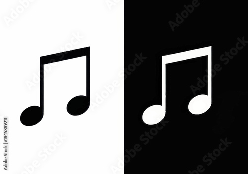 Two musical notes are displayed on a split black and white background