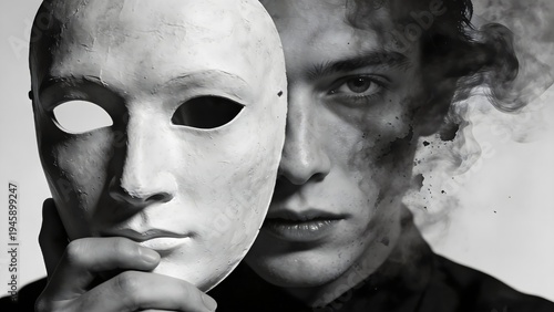 Young man reveals his true face as a disintegrating mask vanishes into dramatic black smoke abstraction