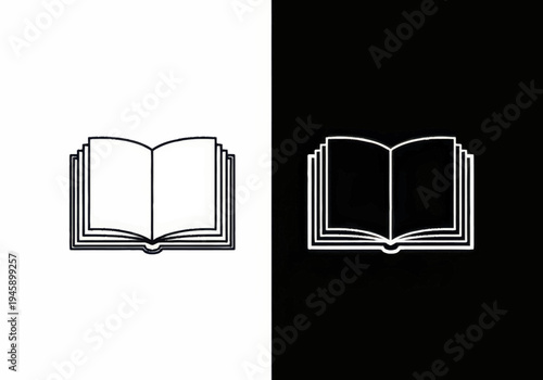 An open book is depicted in black and white line art on a contrasting background.