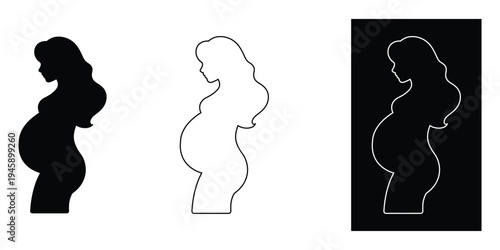 Pregnant woman silhouette illustrations in black white and outline on clean background for pregnancy and motherhood concepts