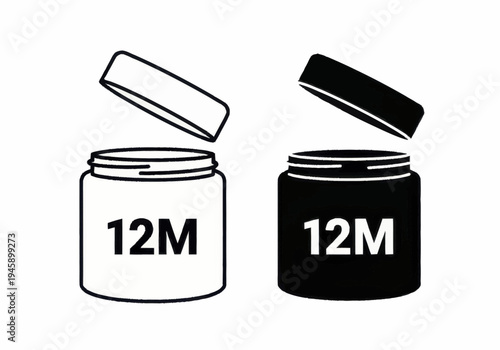 Two open and closed jars with lids are shown side by side containing 12M