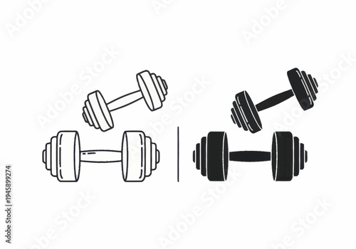 An illustration depicts four dumbbells in black and white line art styles side by side on a clean surface.