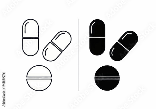 A graphic illustration of various medicinal pills and capsules in black and white.