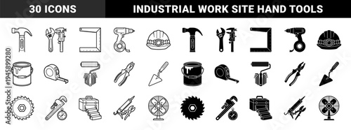 Construction and hardware tool collection featuring hybrid designs merging measurement instruments with manual repair equipment in outline and solid styles