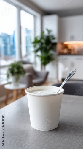 Wallpaper Mural Yogurt cup on table in modern bright kitchen with city view Torontodigital.ca