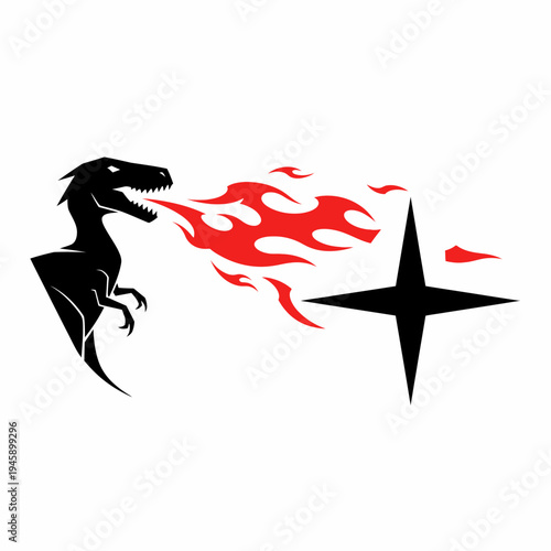 Stylized black dinosaur breathing fire with a four pointed star icon