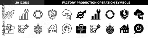 Industrial Maintenance and Engineering Hybrid Icons Featuring Gear Progress Charts Shield Power Symbols and Mechanical Tool Combinations in Linear and Solid Styles