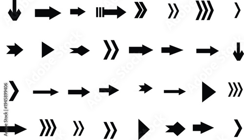 Various black arrow icons representing movement and flow in a neatly organized pattern on a white space