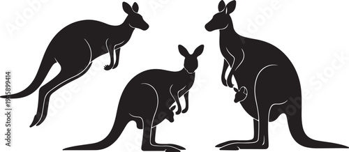 Kangaroo Silhouette Set in Different Poses Australian Wildlife Vector Illustration