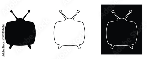 Television icons in black and white with various styles and backgrounds for design use