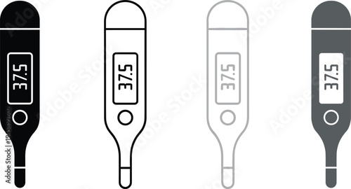 Digital thermometer icons set, medical temperature measurement fever healthcare device clinic tool minimal black outline vector illustration