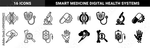 Biotechnology and digital healthcare hybrid icons featuring dna strands with data rings stethoscope with microchip and microscope with human heart