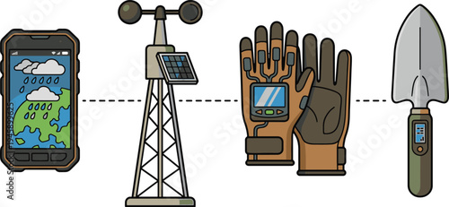 A smartphone displaying weather data next to a weather station and a worker's glove holding a trowel.