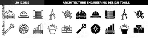Abstract Construction and Masonry Icons Featuring Hybrid Symbolism Merging Brick Walls with Mountain Peaks Hard Hats Blueprints and Wireless Signals