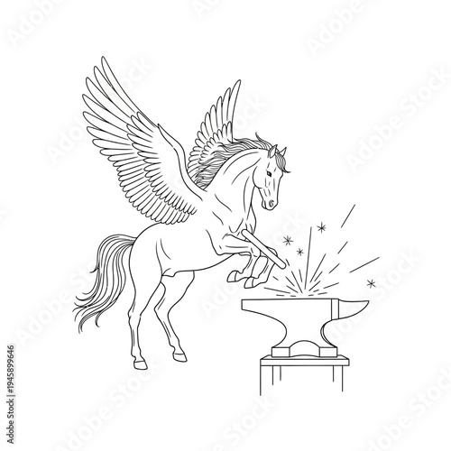Winged horse over anvil with sparks illustration concept design
