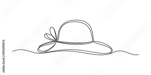 A continuous line art drawing illustrating a stylish wide-brimmed sun hat with a decorative bow on a white background. Vector, illustration