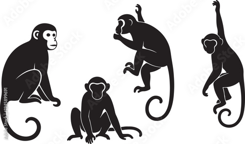 Black Monkey Silhouettes Set Isolated on White Background Animal Pose Collection