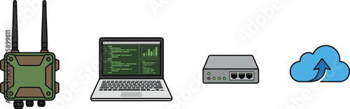 A green satellite phone, laptop, router, and blue cloud with an arrow are arranged.