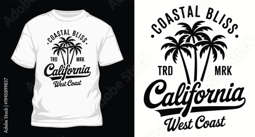 California coastal bliss t-shirt design with palm trees and surf style text