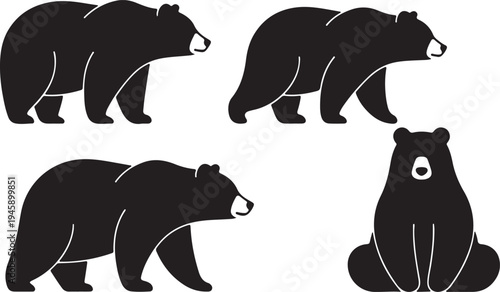 Grizzly Bear Silhouette Vector Set - Walking and Sitting Brown Bear Icons
