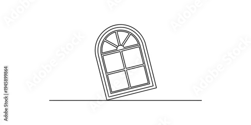 Continuous line drawing of an arched window resting on a single tilted line on a white background Vector, illustration
