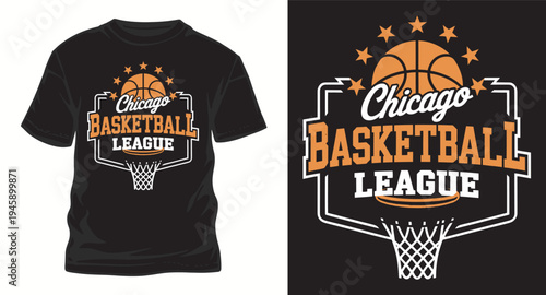 Chicago basketball league t-shirt design with basketball, stars and hoop vector graphic illustration