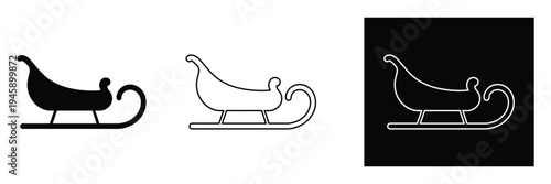Three minimalist sleigh icons in black white and outline on different backgrounds