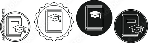 Education graduation book icons set, academic learning diploma cap university school knowledge study minimal outline vector illustration