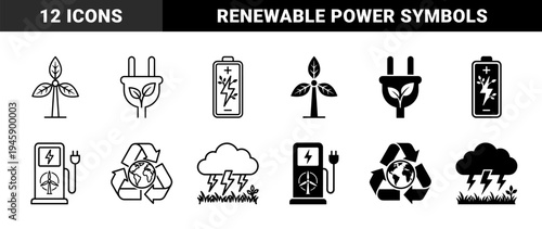Sustainable energy hybrid symbols combining wind turbine leaves power plug foliage battery sprout charging station and eco friendly recycling