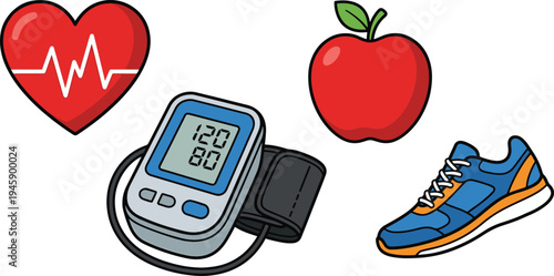 Medical equipment checks health with shoe and apple nearby