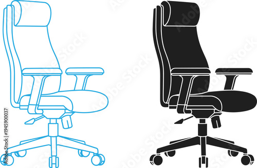 Ergonomic office chair icon set, adjustable swivel desk chair outline and silhouette for workplace furniture design, flat vector illustration