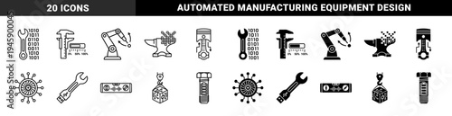 Industrial Smart Hardware and Digital Fabrication Symbols Featuring Binary Wrenches Data Driven Calipers Robotic Arms and Circuit Integrated Components