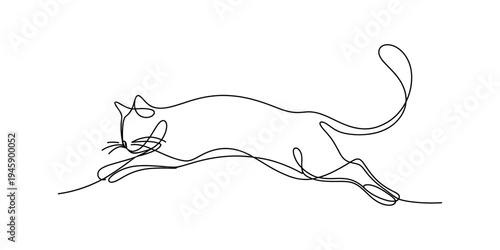 Continuous line art drawing of a cat running or leaping across a white background Vector, illustration