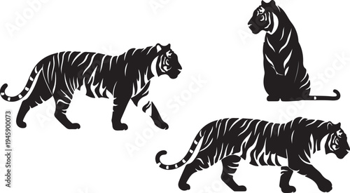 Tiger Silhouette Vector Set - Walking and Sitting Bengal Tiger Icon Collection