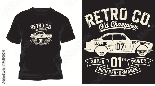 Retro co old champion vintage car t-shirt design with classic automotive graphic and typography
