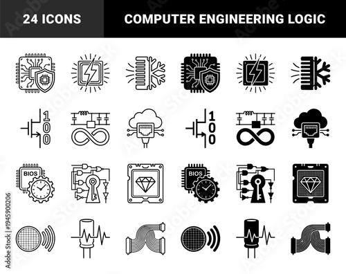 Hardware Engineering and Cyber Security Hybrid Icon Set Featuring Processor Shield Motherboard BIOS Clock and Encryption Key Circuitry Design
