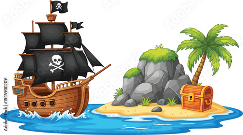 Pirate ship sailing near treasure island with palm tree and chest cartoon flat vector illustration