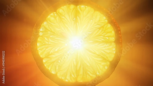 Close up of a backlit citrus fruit slice displaying vibrant color and texture with bright light rays