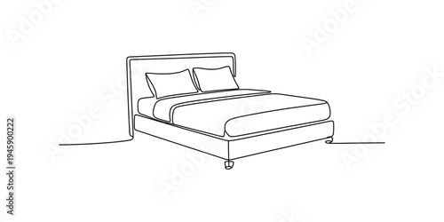 Continuous line art drawing of a minimalist bed with pillows and bedding on a white background. Vector, illustration